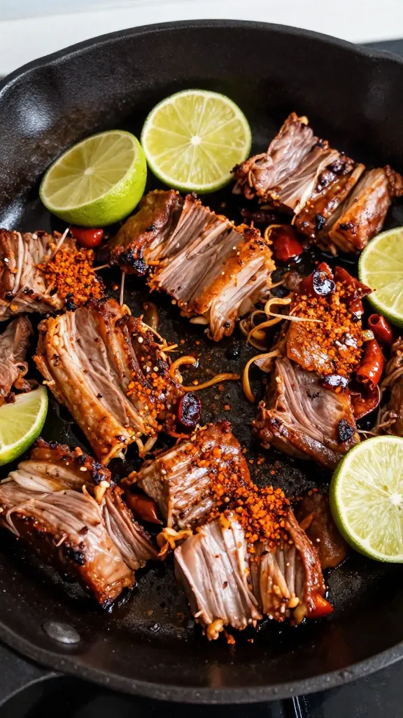 skillet warming pulled pork with lime and chili powder