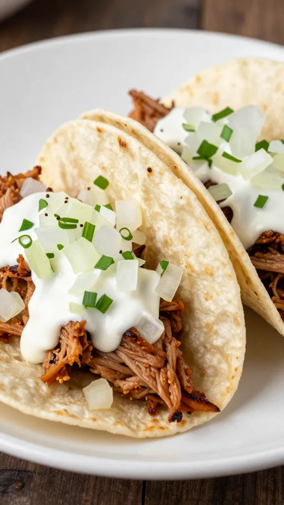 diced onion and crema drizzled over pork tacos