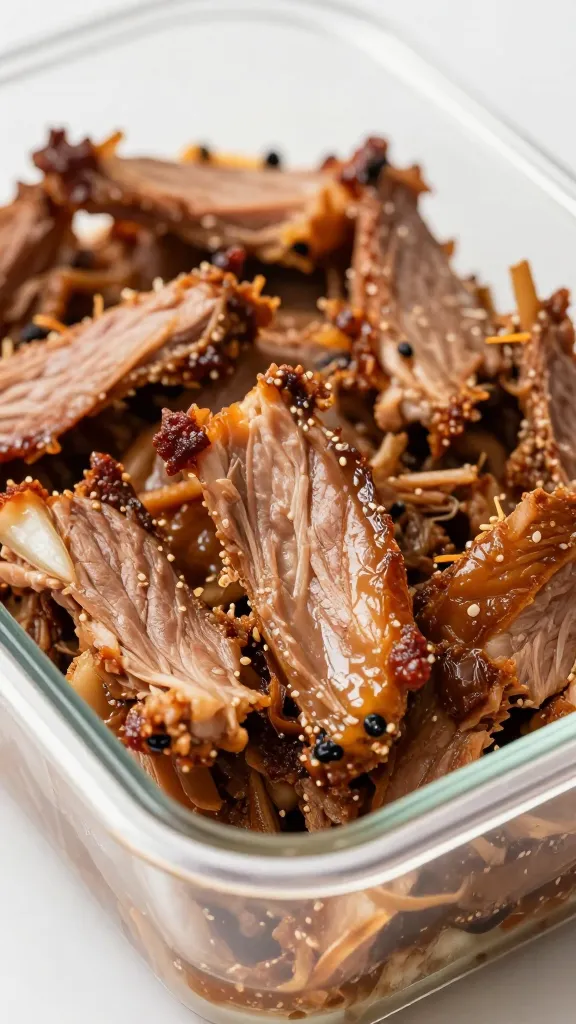 close-up of saucy leftover pulled pork in tupperware