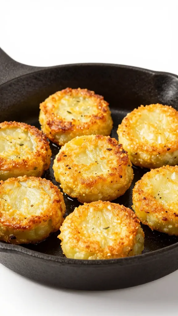 Crispy potato cakes on cast-iron skillet, golden brown