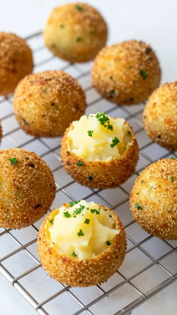 Mashed potato croquettes with parsley, cooling on wire rack