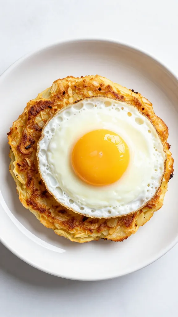 Breakfast potato cakes with fried egg, minimal styling