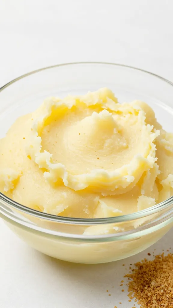 Cold mashed potatoes in glass bowl, breadcrumbs beside