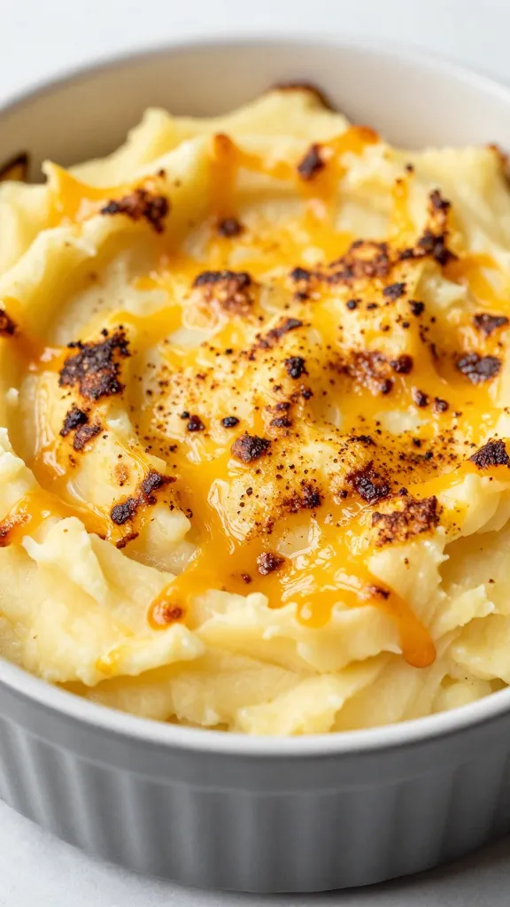 Golden baked mashed potato casserole, browned cheese top