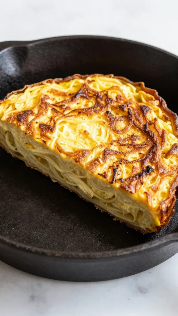 crispy spaghetti frittata slice on cast-iron skillet