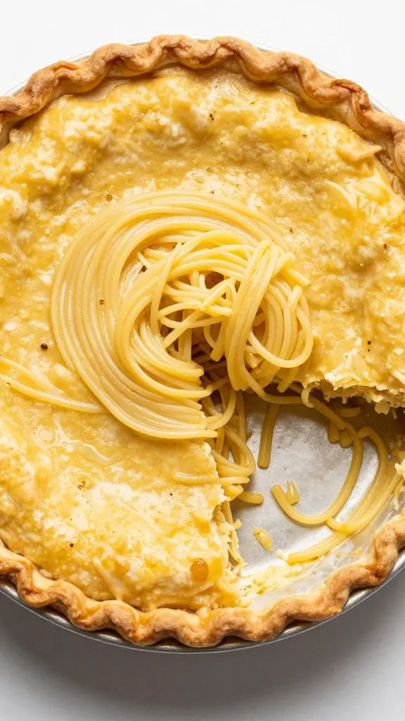 leftover spaghetti pressed into golden pie, overhead