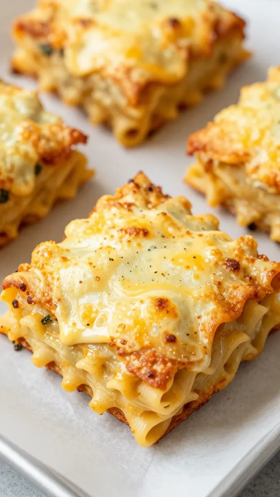 cheesy baked spaghetti squares on parchment, close-up