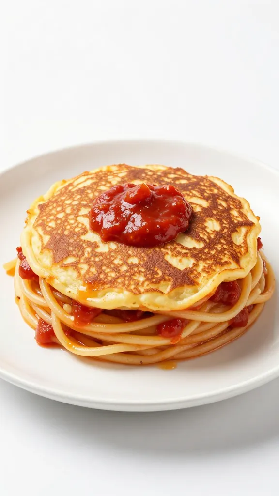 fried spaghetti pancake with marinara dollop, studio lighting