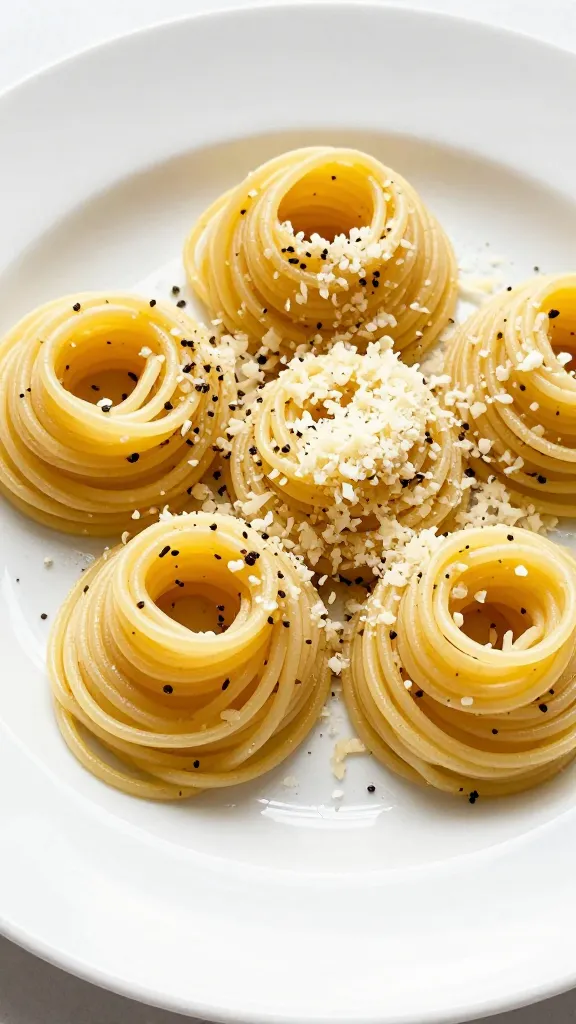 garlic-butter spaghetti nests with parmesan, white plate