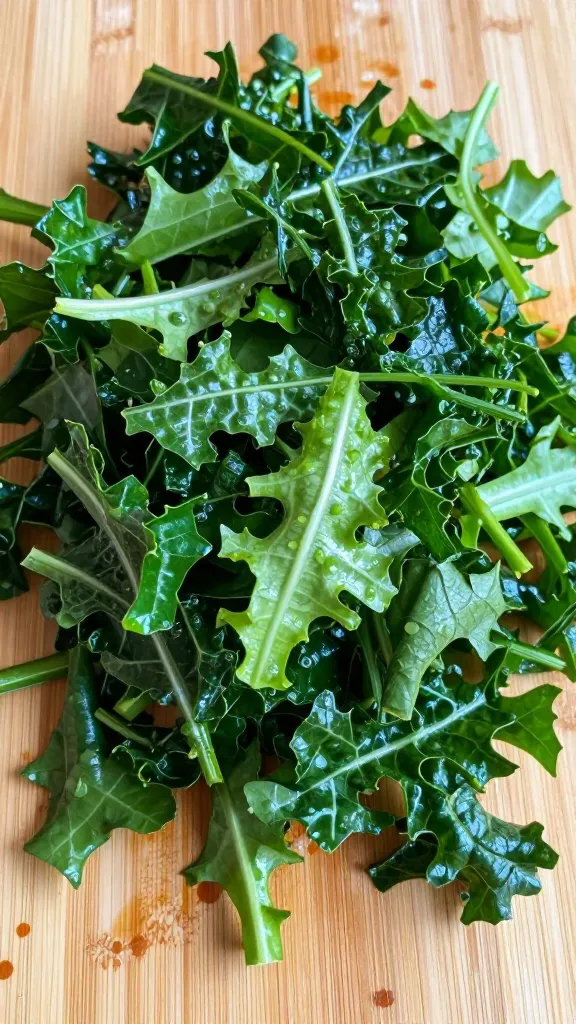 Chopped mixed wilted greens on wooden cutting board