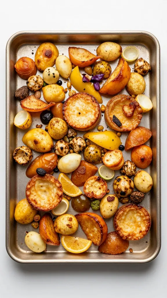 Golden roasted mixed leftovers on sheet pan, overhead shot