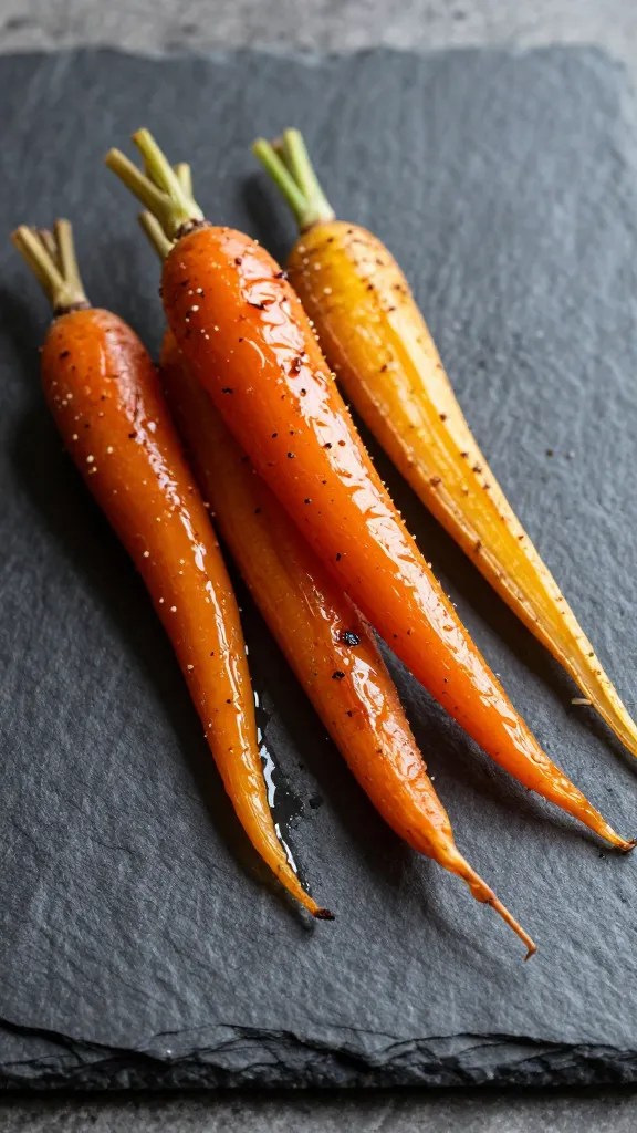 caramelized roasted carrots and parsnips on slate board
