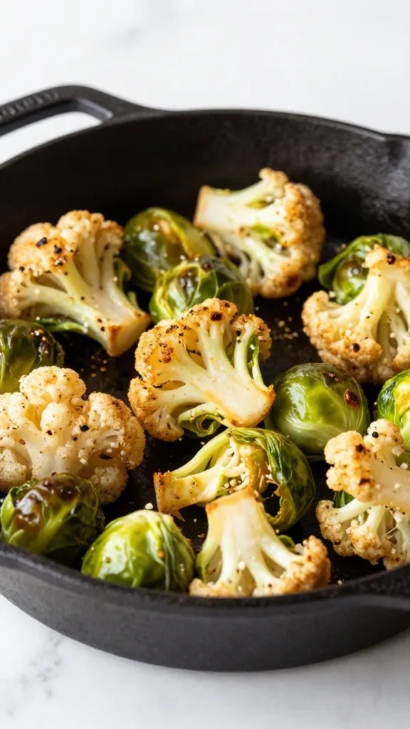 crispy Brussels sprouts and cauliflower in cast-iron skillet