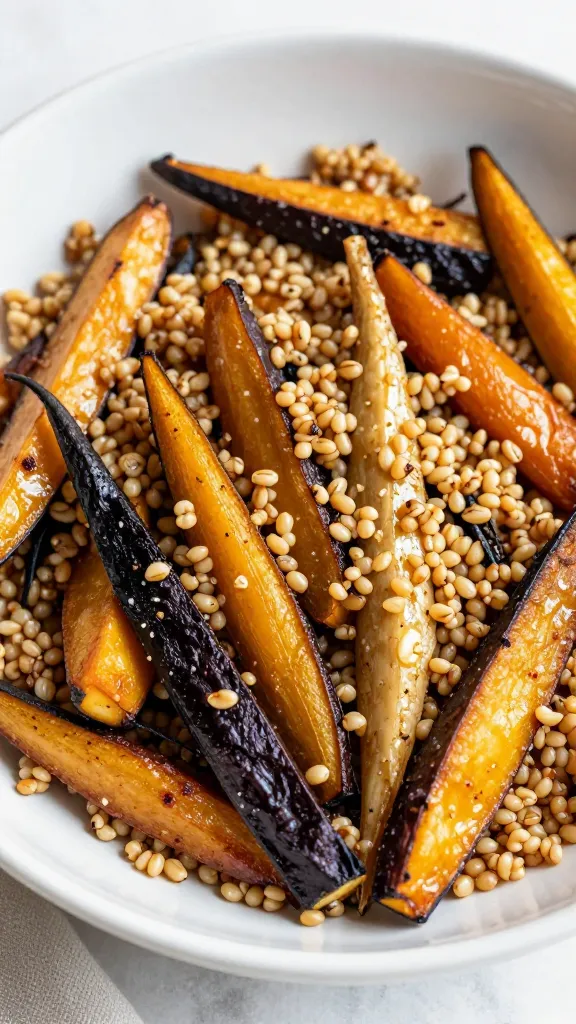roasted mixed root vegetables tossed with farro in bowl