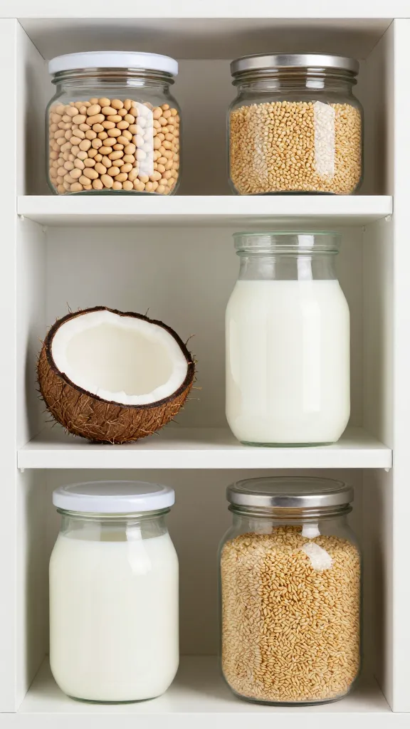Open pantry shelf with beans, coconut milk, and farro