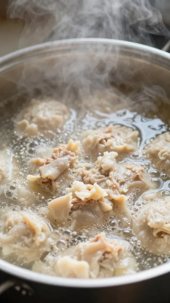 Farro simmering in pot, steam rising, natural light