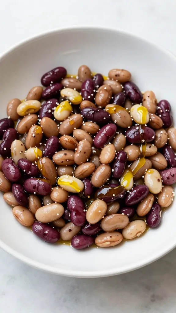 Mixed bean salad in white bowl, olive oil drizzle