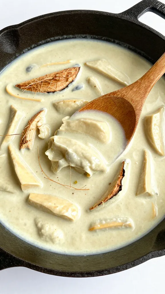 Coconut milk curry in cast-iron skillet, wooden spoon