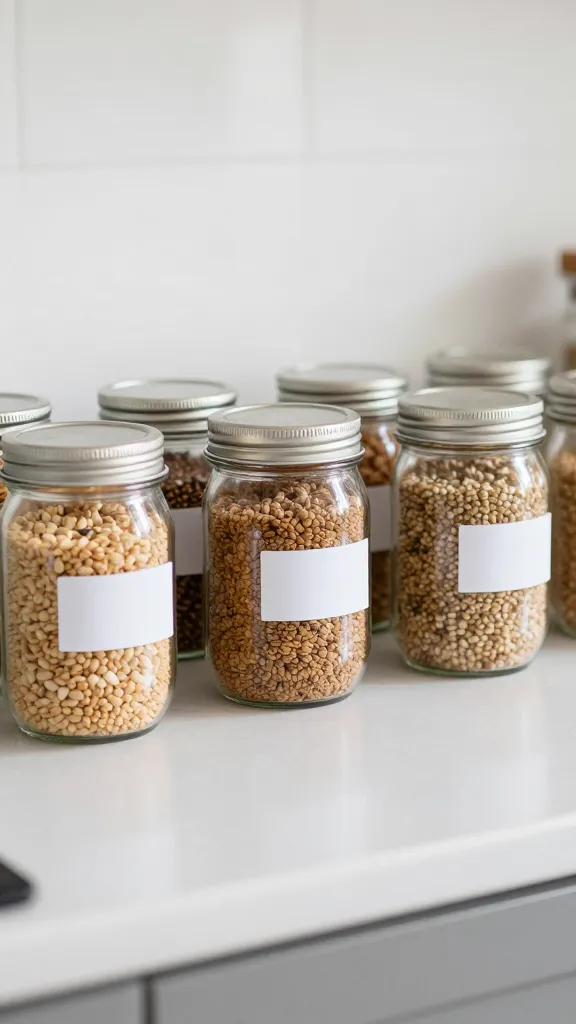 Labeled mason jars of grains on clean kitchen counter