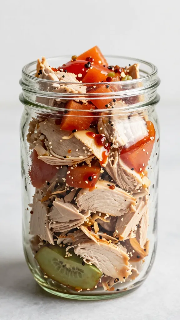 Spicy chipotle turkey salad in glass jar, overhead