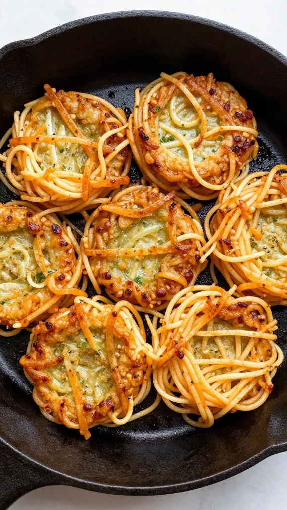 crispy spaghetti fritters on cast-iron skillet, overhead