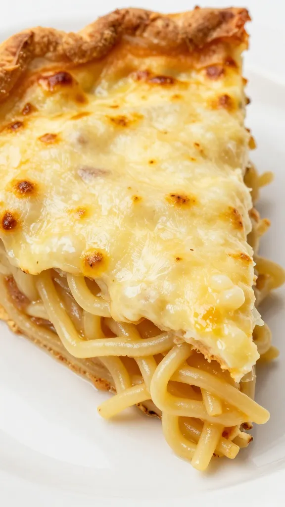 leftover spaghetti noodle pie slice with melted cheese, close-up