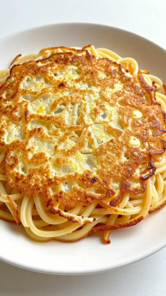 pan-fried spaghetti cake with golden edges, natural light