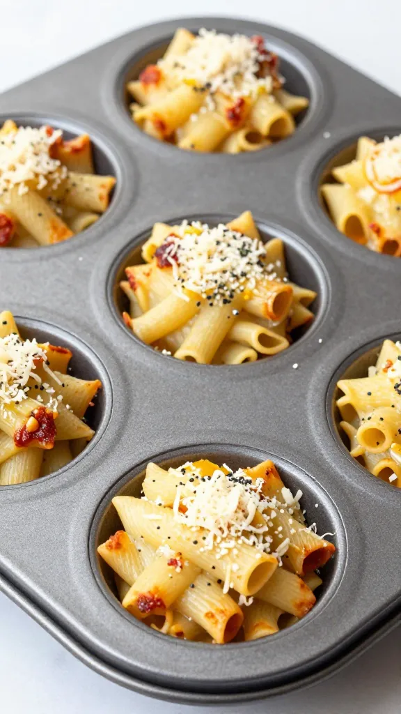 baked spaghetti cups in muffin tin, parmesan sprinkled