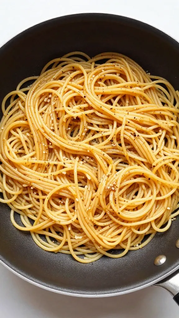garlic-butter fried spaghetti noodles in nonstick pan, overhead