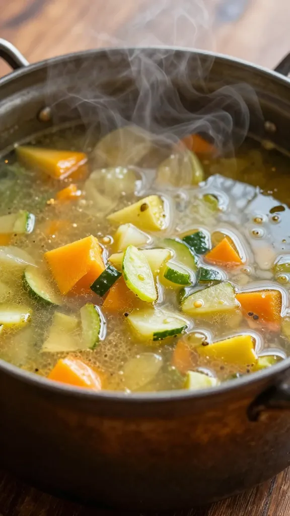 rustic pot of leftover vegetable soup, steam rising