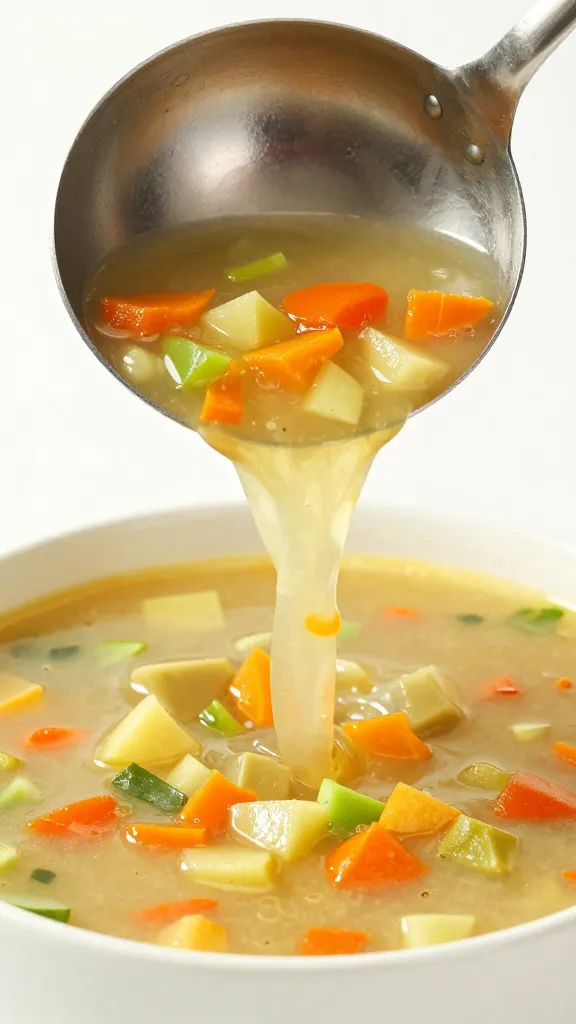 ladle pouring chunky vegetable soup into bowl