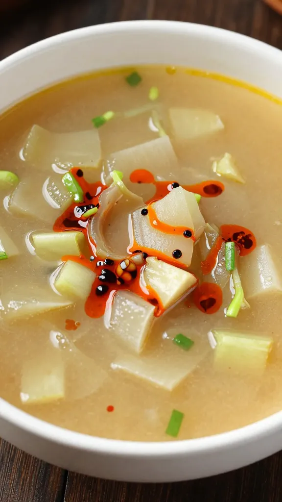 blended silky vegetable soup in white bowl, chili oil