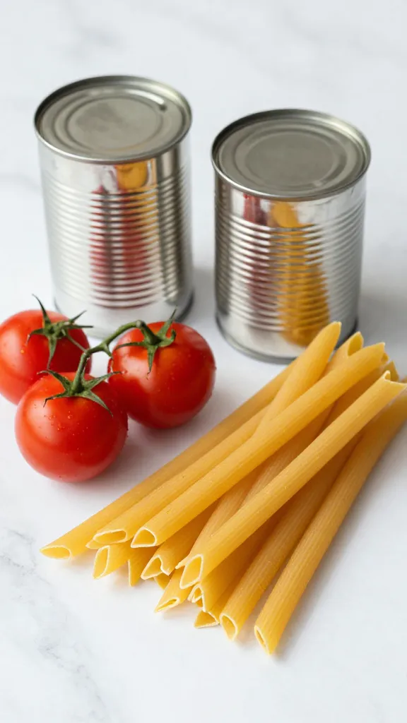 Canned tomatoes and pasta on marble countertop