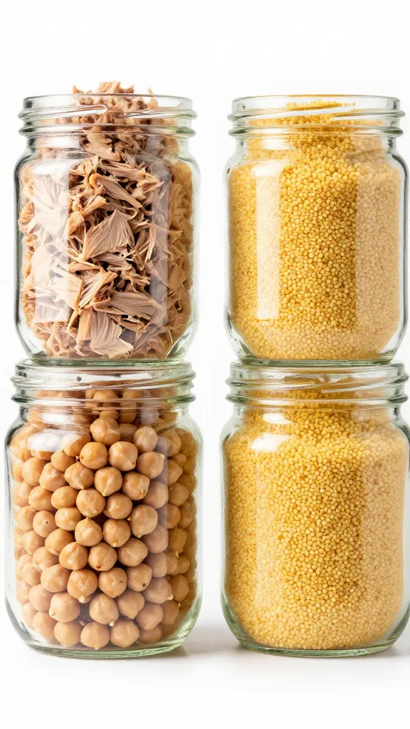 Chickpeas, tuna, and couscous in glass jars