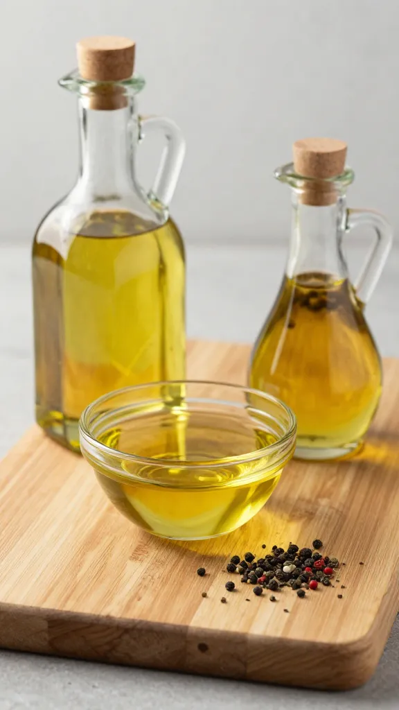 Olive oil, vinegar, and spices on wooden board