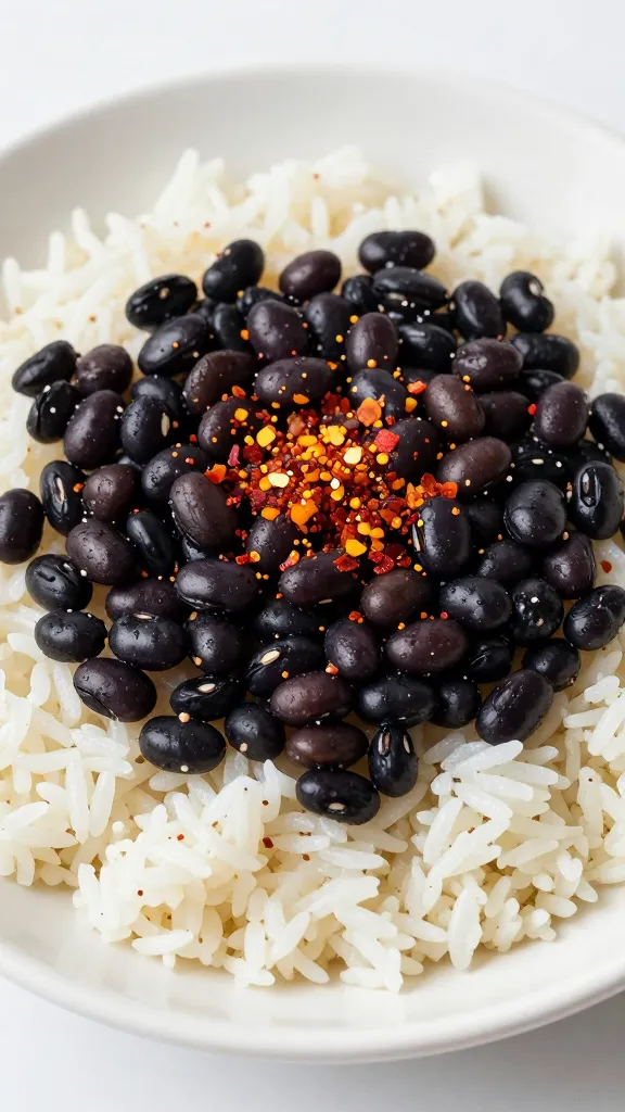Black beans over rice with chili flakes