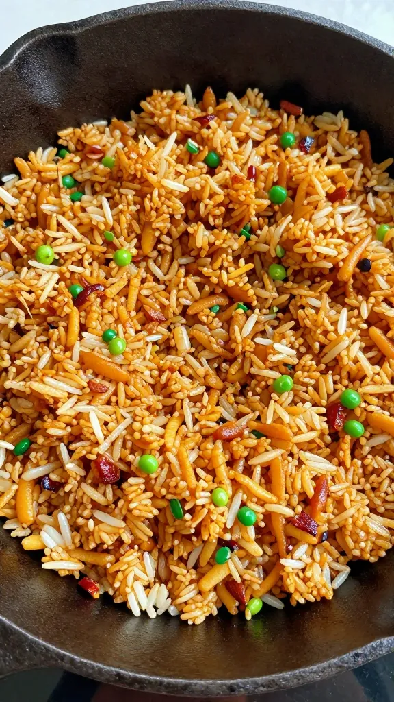 Crispy leftover fried rice in cast-iron skillet