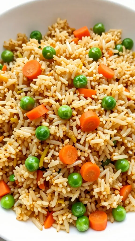 Garlic-ginger veggie fried rice, peas and carrots