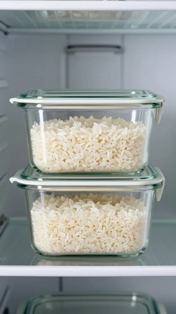 Cold day-old rice in glass container, fridge shelf