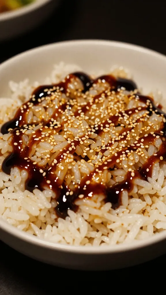 Soy sauce drizzle on sizzling rice, sesame oil sheen