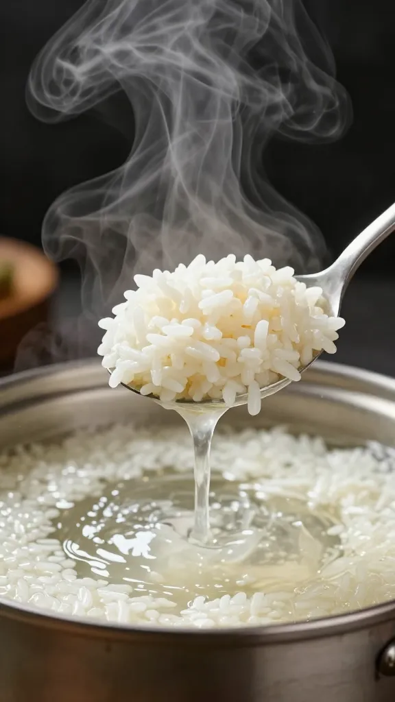 Reheating rice with splash of broth, steam rising