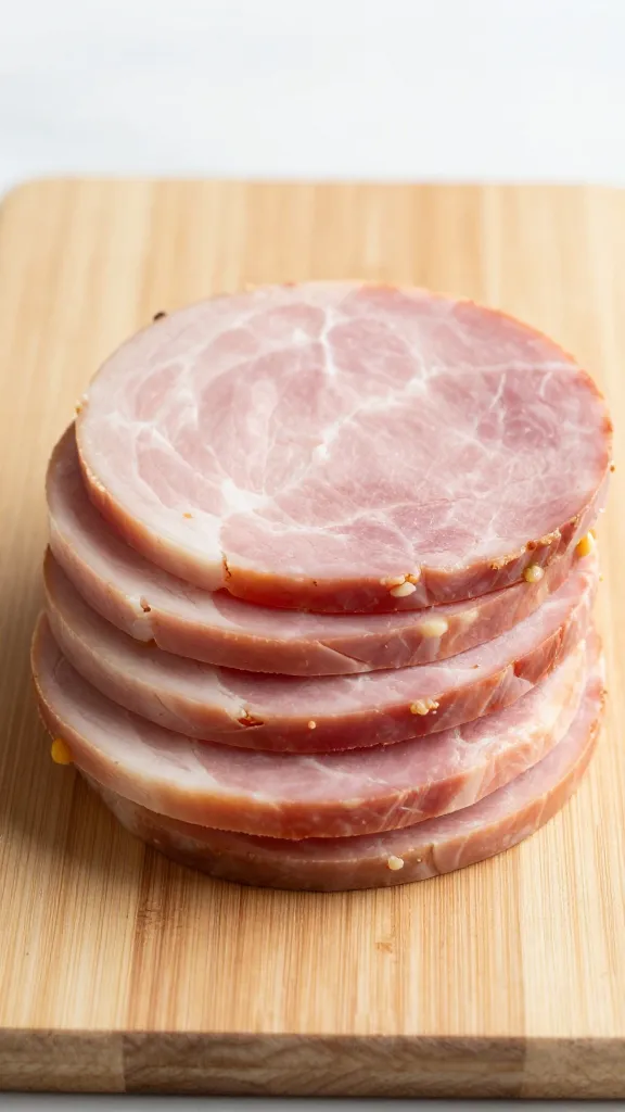 sliced ham stacked for sandwiches on cutting board