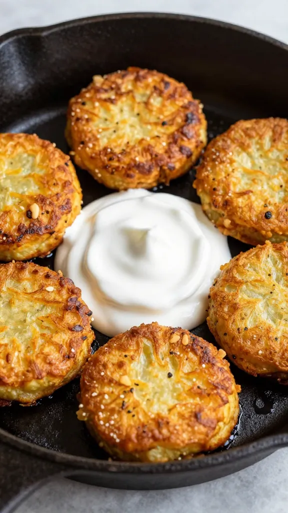 Golden potato cakes on cast-iron skillet, herby yogurt drizzle