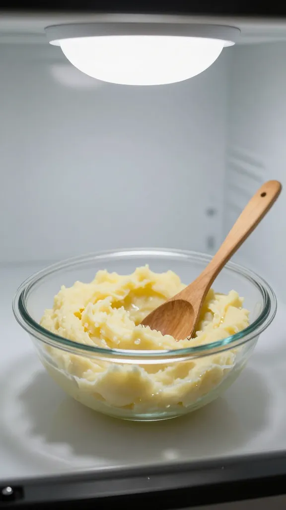 Leftover mashed potatoes in glass bowl, wooden spoon, fridge light