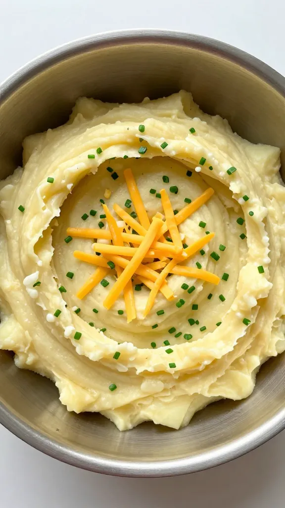 Mashed potato mixture with chives and shredded cheese, stainless bowl