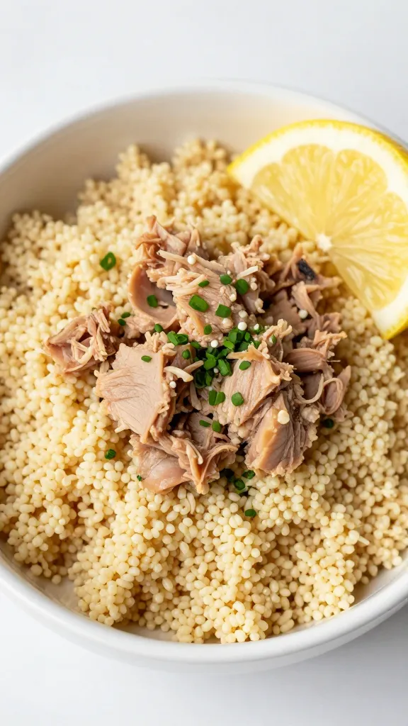 Fifteen-minute couscous bowl with tuna and lemon wedge