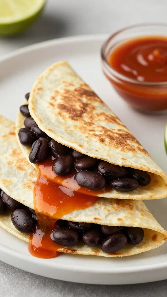 Tortilla quesadilla with black beans and hot sauce