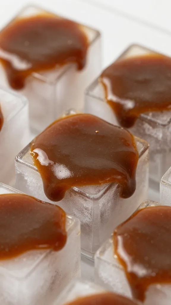 gravy frozen in ice cube tray, close-up macro