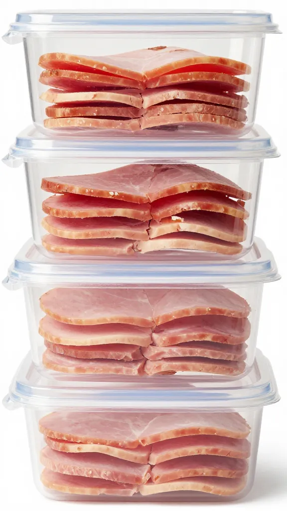 sliced ham neatly stacked in clear meal-prep boxes