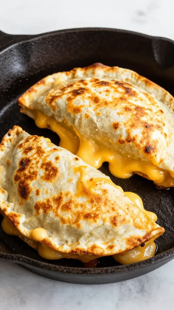 Cheesy taco quesadilla in cast-iron skillet, melty edges